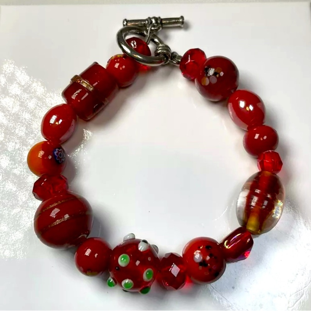 Vintage 2000s Y2K Red Millefiori Murano Style Glass Bead‎ Bracelet
